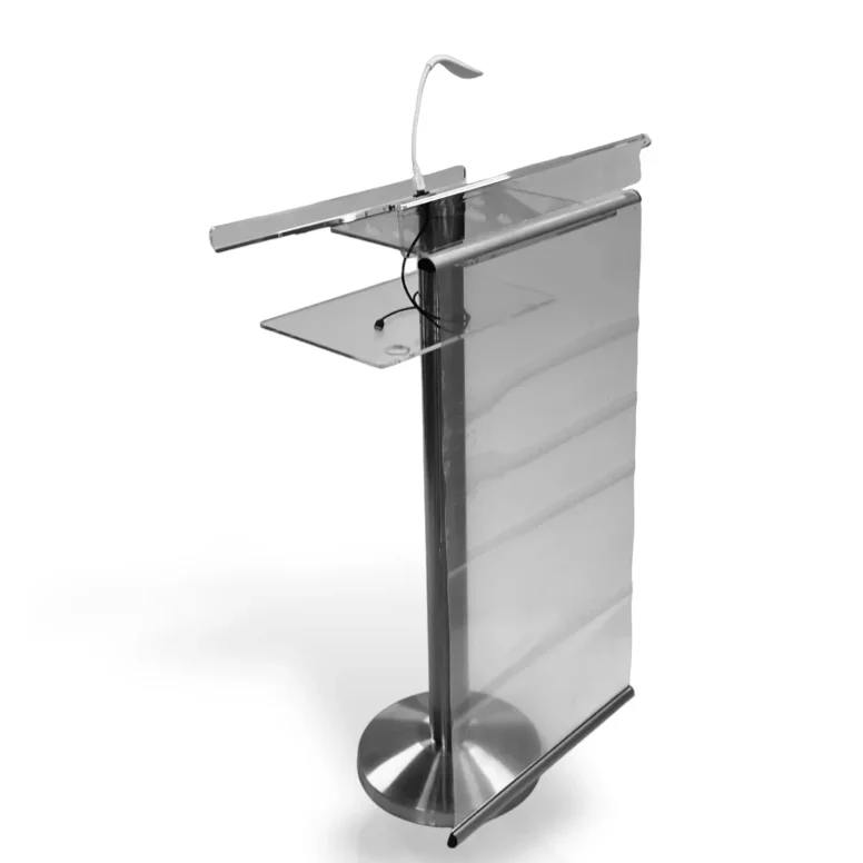 פודיום דוכן נואם על רגל נירוסטה ומגש נואם מפרספקס שקוף עם מקום לדגל