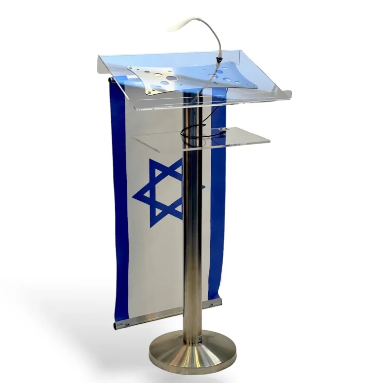 פודיום דוכן נואם עם דגל על רגל נירוסטה ומגש נואם מפרספקס שקוף