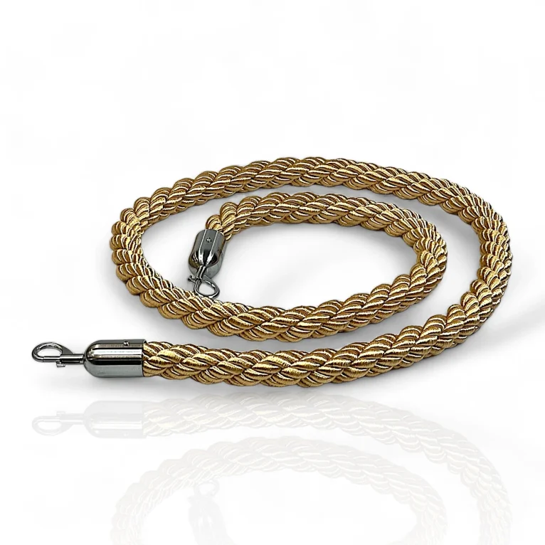 חבל תור שזור מסולסל זהב לעמוד חבלול עם קרסים כסופים לעמוד נירוסטה או ניקל