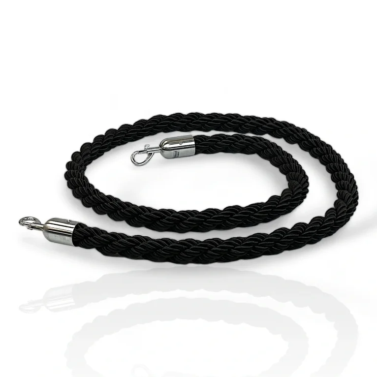 חבל תור שזור מסולסל שחור לעמוד חבלול עם קרסים כסופים