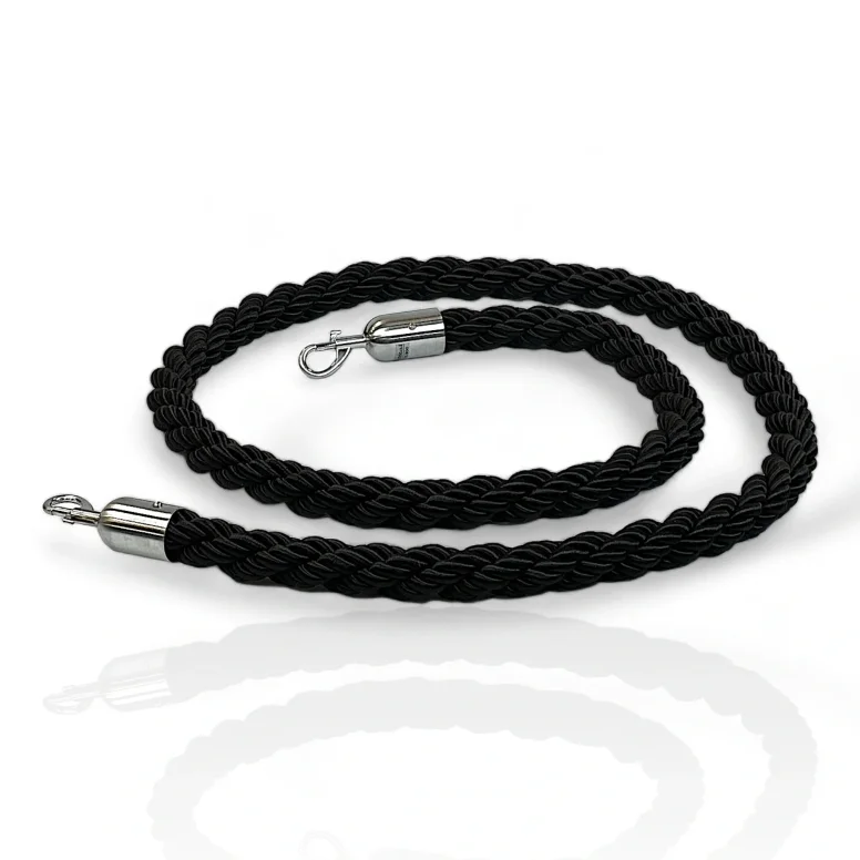 חבל תור שחור שזור באורך 2 מטר עם קרסים כסופים בגימור מוברש