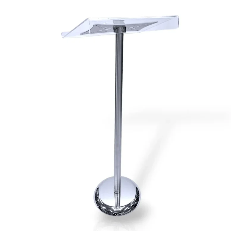 פודיום דוכן נואם על רגל נירוסטה ומגש נואם מפרספקס שקוף עם מקום לדגל