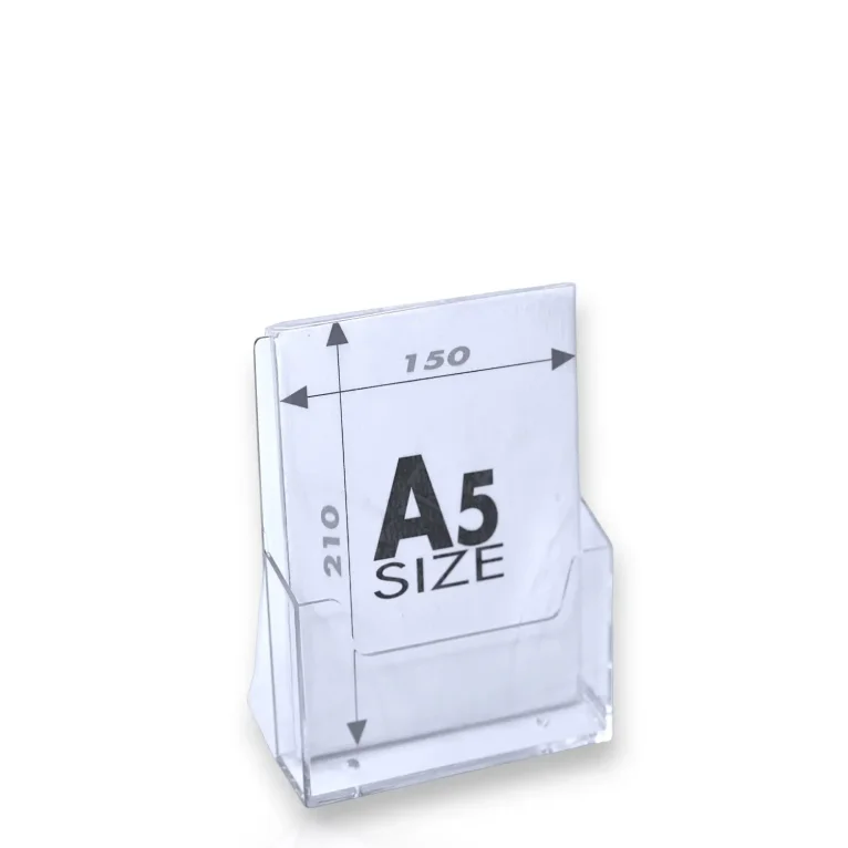 תא עלונים בודד עשוי פרספקס שקוף, בגודל A5 לשולחן ולדלפק.