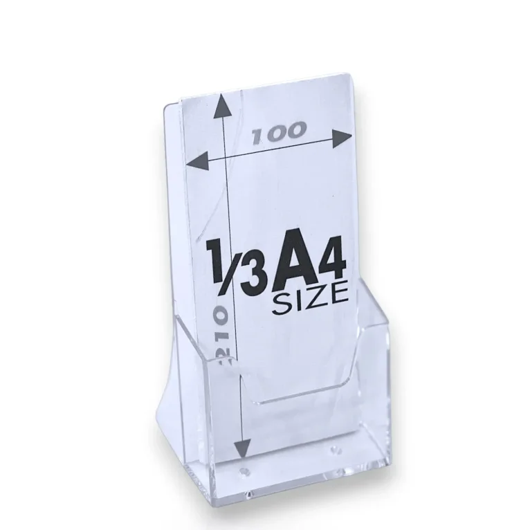 תא עלונים בודד עשוי פרספקס שקוף, בגודל A6 לשולחן ולדלפק. מתאים גם לגודל עלון שליש a4.