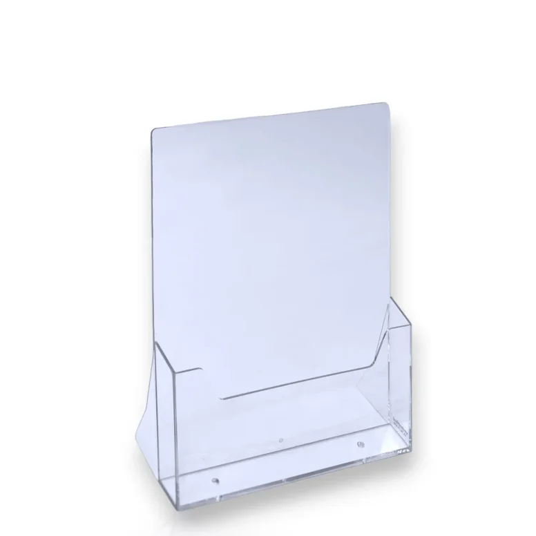 תא עלונים בודד עשוי פרספקס שקוף, בגודל A6 לשולחן ולדלפק.