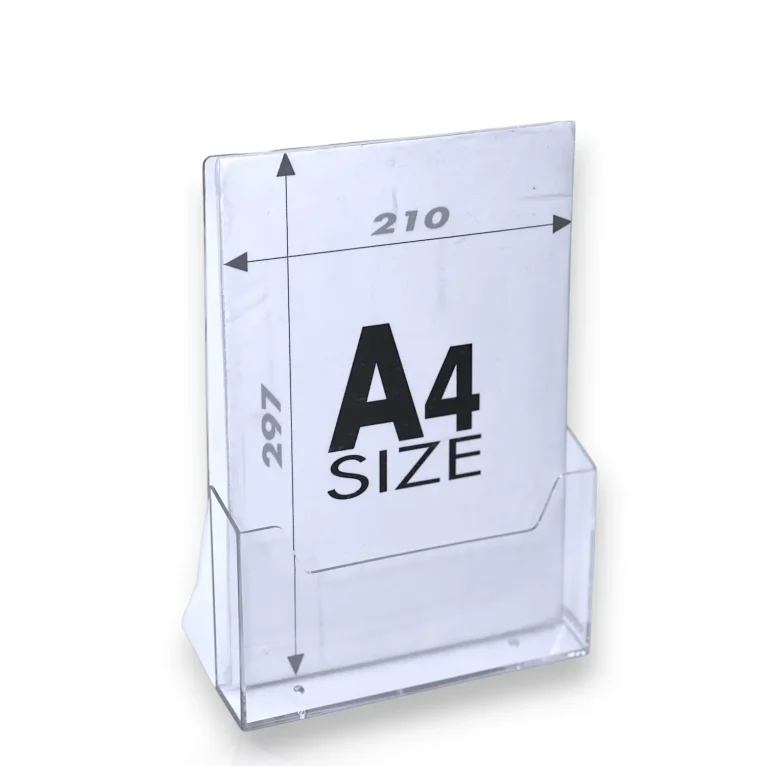 תא עלונים בודד עשוי פרספקס שקוף, בגודל A4 לשולחן ולדלפק.