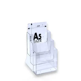 מתקן עלונים מדורג, שקוף. עשוי פרספקס בגודל A5 בעל 3 תאים, מתאים לשולחן או לקיר.